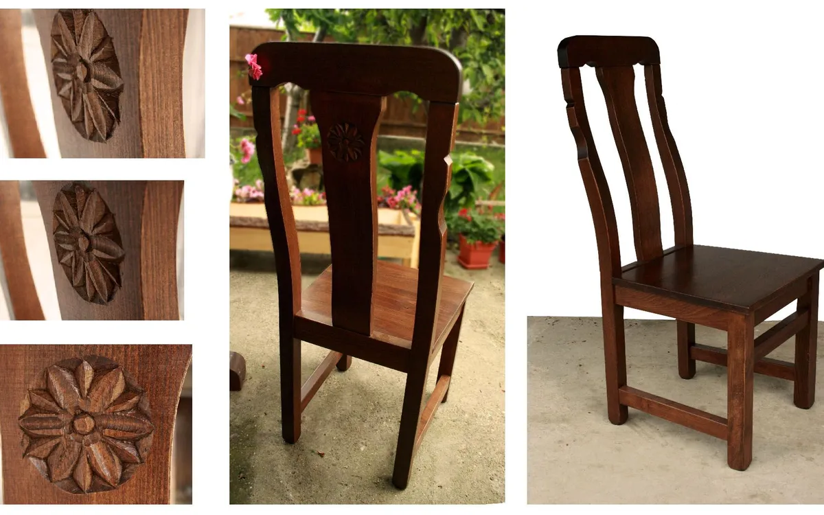 Scaun sculptat manual din lemn masiv